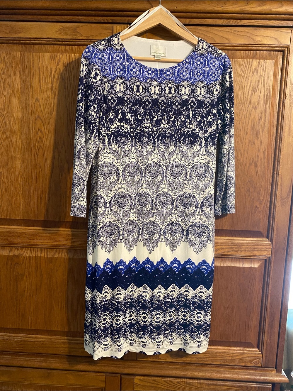Donna Morgan Navy and White Ornate Midi Sheath Dress